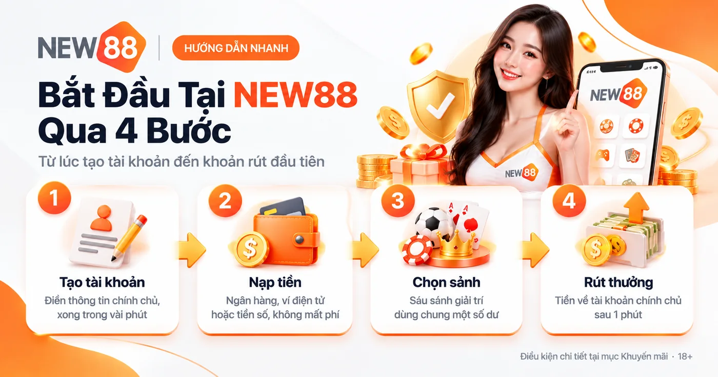 Hướng dẫn đăng ký NEW88 qua 4 bước: tạo tài khoản, nạp tiền, chọn sảnh, rút thưởng